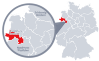 Diese Grafik zeigt eine Karte von Deutschland mit einer detaillierten Ansicht der Region Osnabrück-Emsland. Osnabrück-Emsland ist in Rot hervorgehoben und liegt im nördlichen Teil Deutschlands. Ein Lupensymbol vergrößert diesen Bereich, um die Lage genauer darzustellen.
