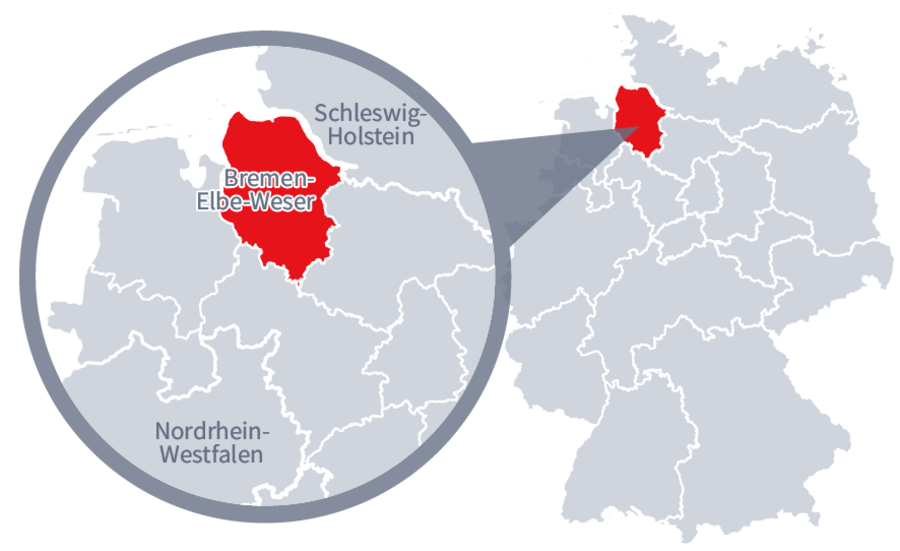 Diese Grafik zeigt eine Karte von Deutschland mit einer detaillierten Ansicht der Region Bremen-Elbe-Weser. Bremen-Elbe-Weser ist in Rot hervorgehoben und liegt im nördlichen Teil Deutschlands. Ein Lupensymbol vergrößert diesen Bereich, um die Lage genauer darzustellen.
