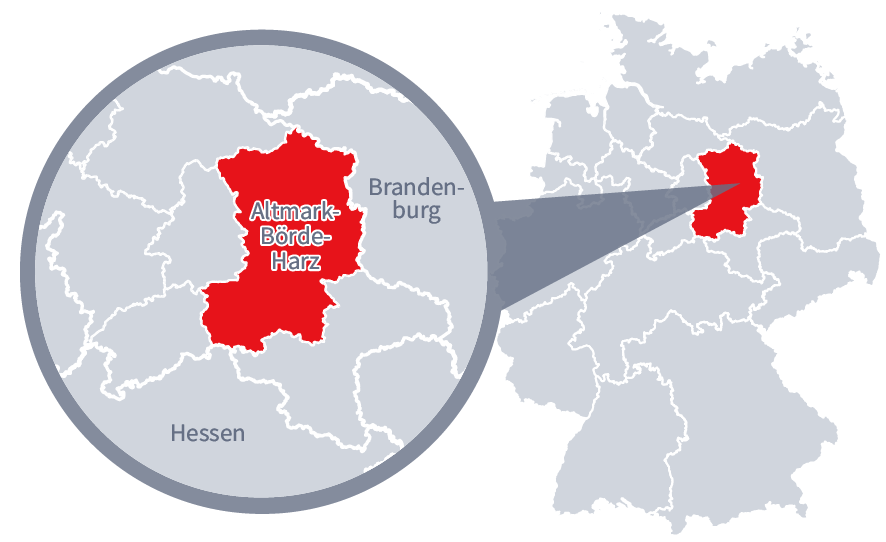 Diese Grafik zeigt eine Karte von Deutschland mit einer detaillierten Ansicht der Region Altmark-Börde-Harz. Altmark-Börde-Harz ist in Rot hervorgehoben und liegt im nördlichen Teil Deutschlands. Ein Lupensymbol vergrößert diesen Bereich, um die Lage genauer darzustellen.