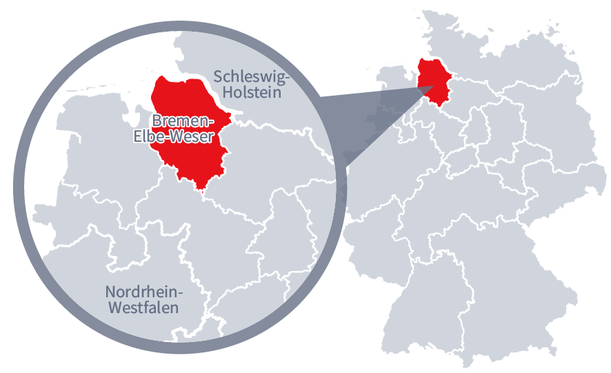 Diese Grafik zeigt eine Karte von Deutschland mit einer detaillierten Ansicht der Region Bremen-Elbe-Weser. Bremen-Elbe-Weser ist in Rot hervorgehoben und liegt im nördlichen Teil Deutschlands. Ein Lupensymbol vergrößert diesen Bereich, um die Lage genauer darzustellen.
