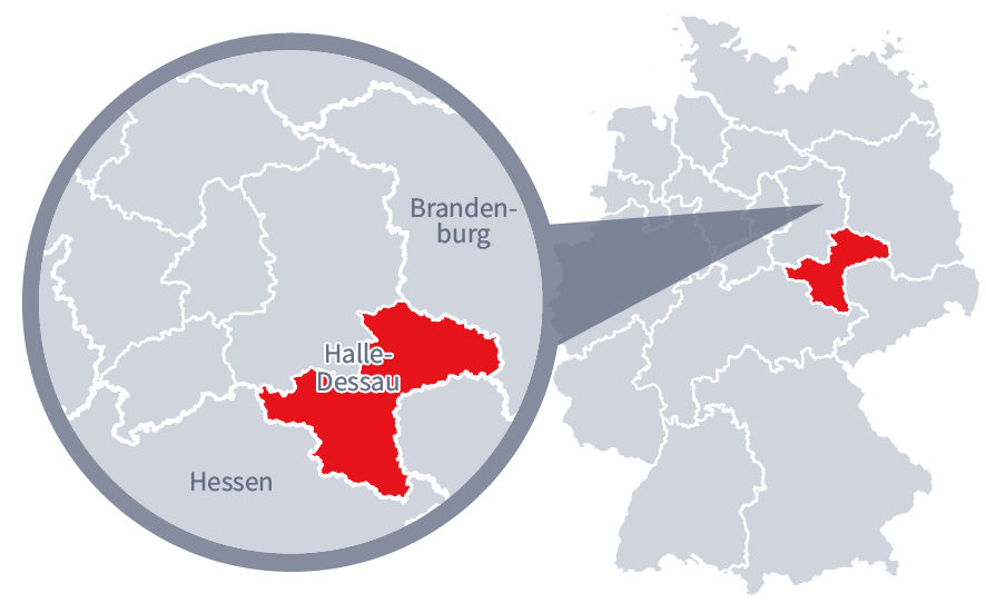 Diese Grafik zeigt eine Karte von Deutschland mit einer detaillierten Ansicht der Region Halle-Dessau. Halle-Dessau ist in Rot hervorgehoben und liegt im nördlichen Teil Deutschlands. Ein Lupensymbol vergrößert diesen Bereich, um die Lage genauer darzustellen.