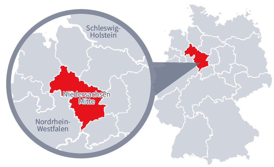 Diese Grafik zeigt eine Karte von Deutschland mit einer detaillierten Ansicht der Region Niedersachsen-Mitte. Niedersachsen-Mitte ist in Rot hervorgehoben und liegt im Nordwesten von Deutschland. Ein Lupensymbol vergrößert diesen Bereich, um die Lage genauer darzustellen.