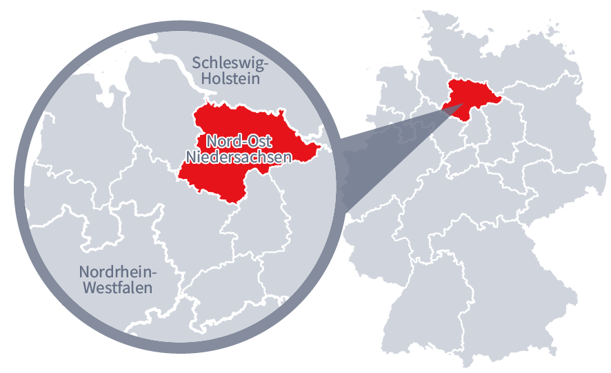 Diese Grafik zeigt eine Karte von Deutschland mit einer detaillierten Ansicht der Region Nord-Ost-Niedersachsen. Nord-Ost-Niedersachsenist in Rot hervorgehoben und liegt im nördlichen Teil Deutschlands. Ein Lupensymbol vergrößert diesen Bereich, um die Lage genauer darzustellen.