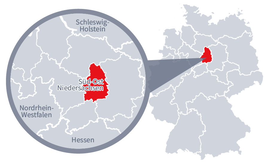 Diese Grafik zeigt eine Karte von Deutschland mit einer detaillierten Ansicht der Region Süd-Ost-Niedersachsen. Süd-Ost-Niedersachsen ist in Rot hervorgehoben und liegt im nördlichen Teil Deutschlands. Ein Lupensymbol vergrößert diesen Bereich, um die Lage genauer darzustellen.